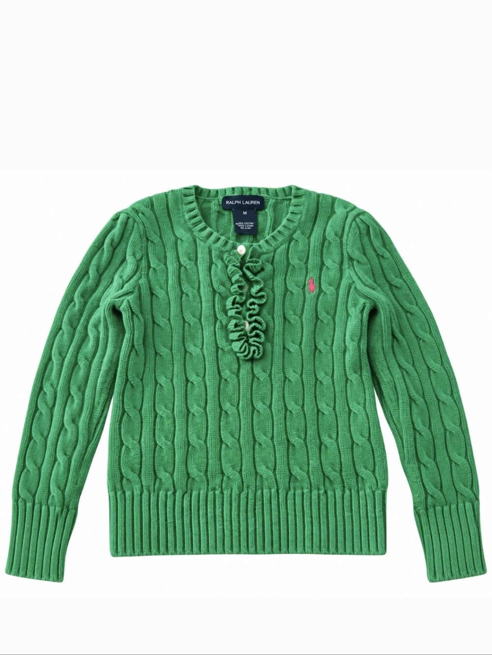 Polo Ralph Lauren Emerald Green Cable-Knit Ruffle Henley Sweater With Pink Pony